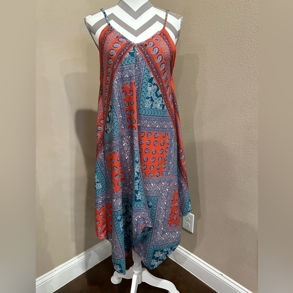 Women’s handkerchief dress with spaghetti straps and brass accents, EUC!